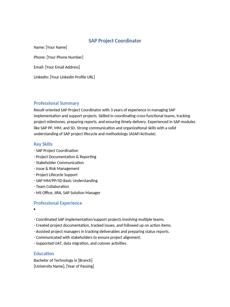 SAP Project Coordinator CV Updated | PDF | Information Technology ...