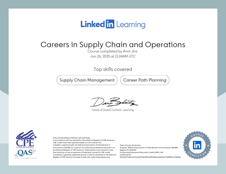 CertificateOfCompletion - Careers in Supply Chain and Operations | PDF