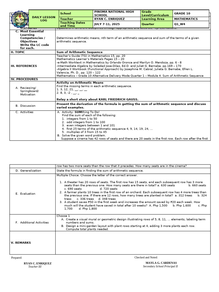 Grade 10: Sum of Arithmetic Sequences | PDF | Mathematics | Arithmetic