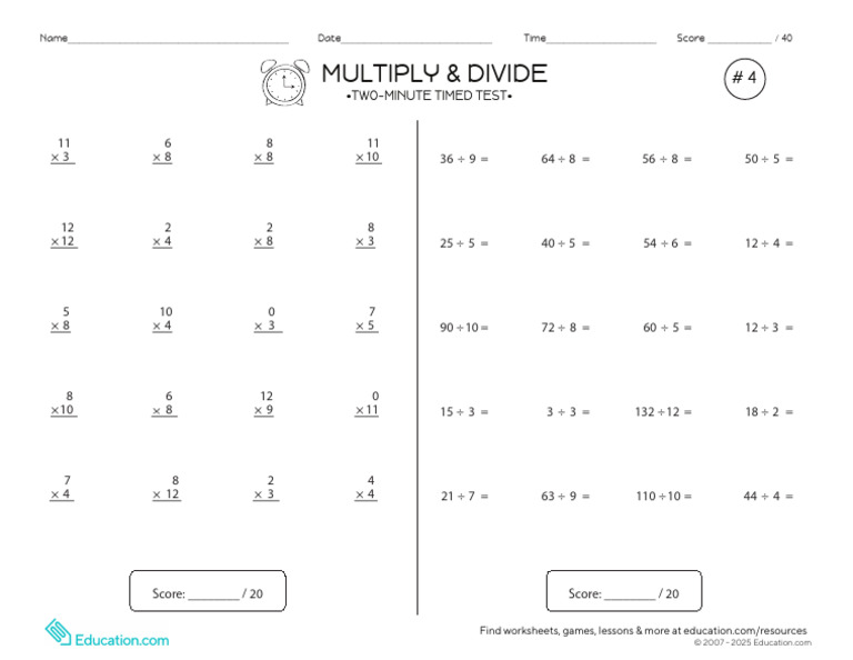Two Minute Timed Test 4 Multiply and Divide | PDF