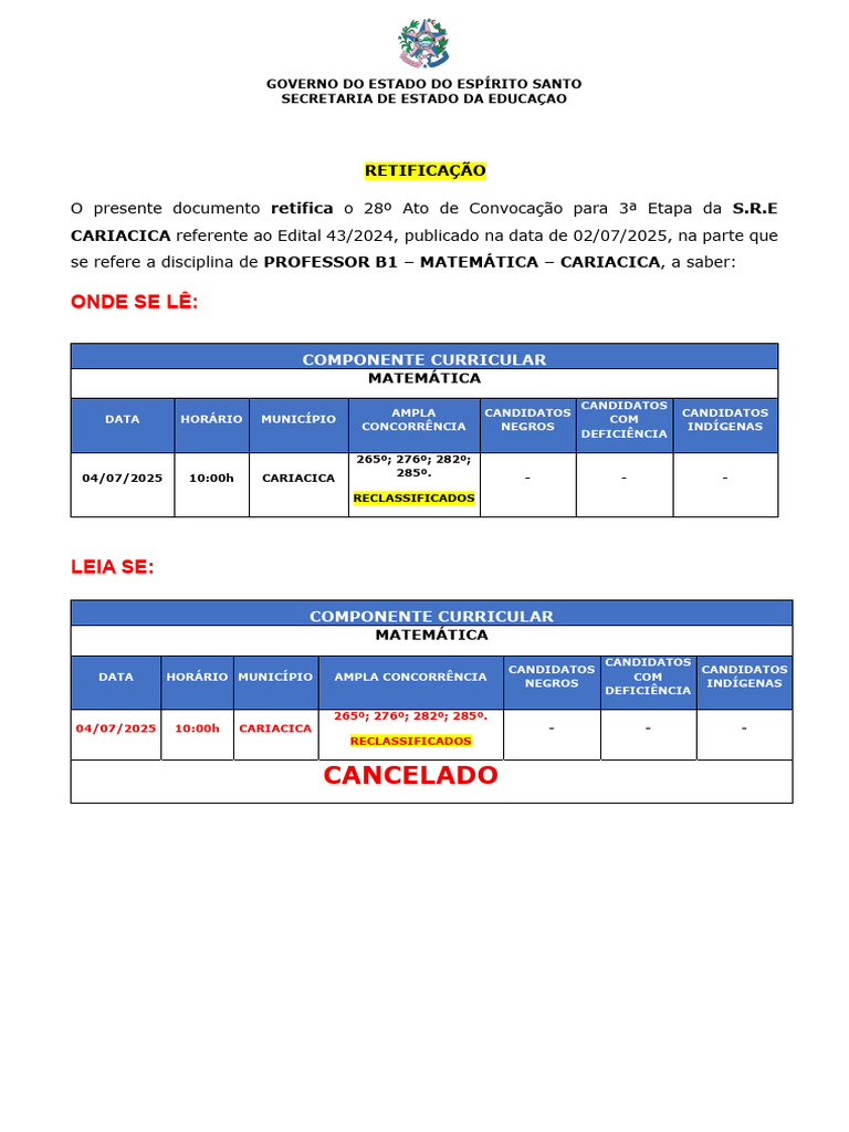 Retificação Convocação Professor Matemática | PDF