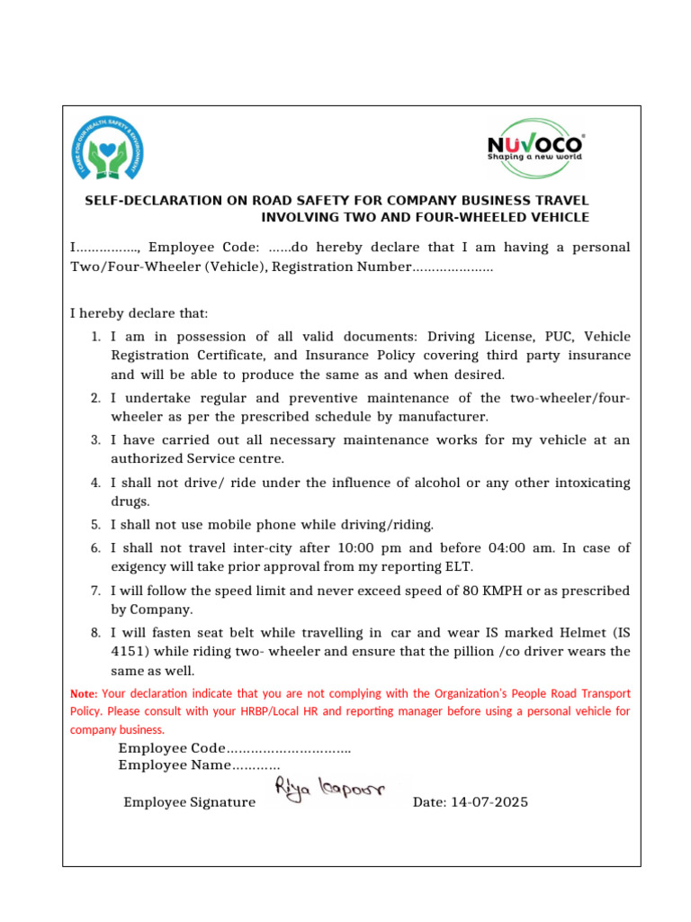 Employee Road Safety Declaration Form | PDF