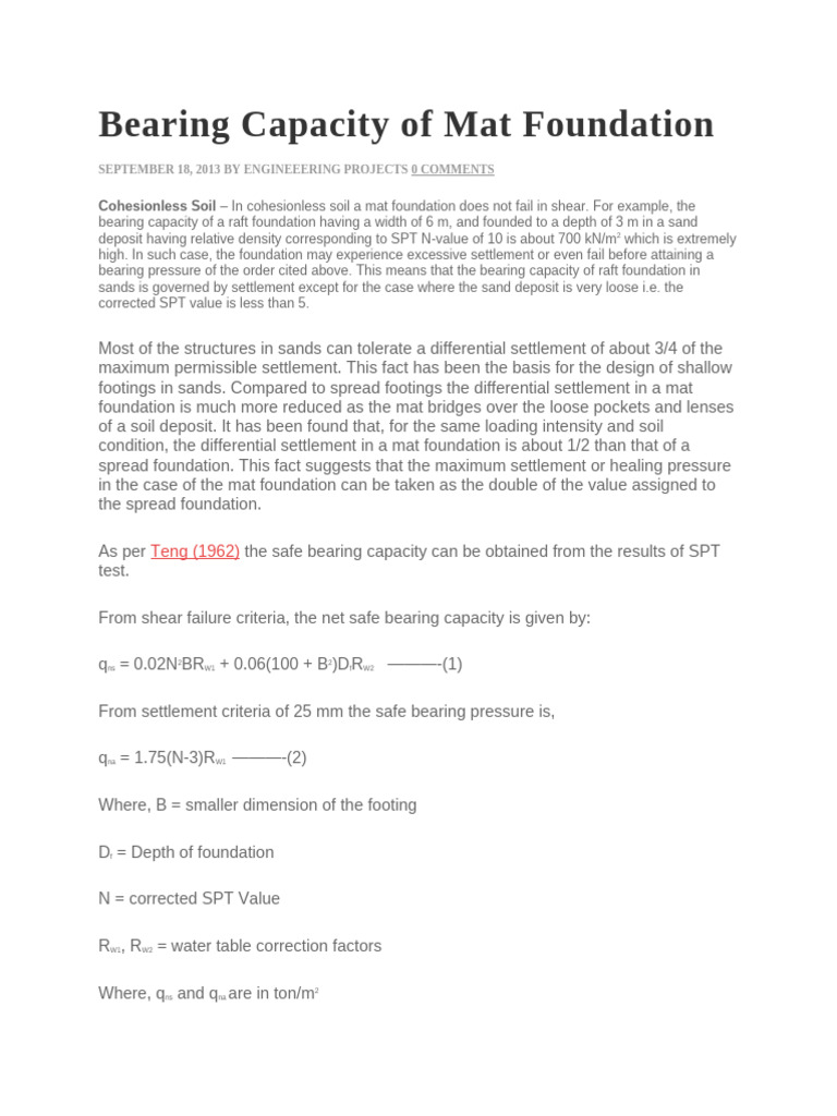 Teng's Equation for Mat Foundation Capacity | PDF | Civil Engineering