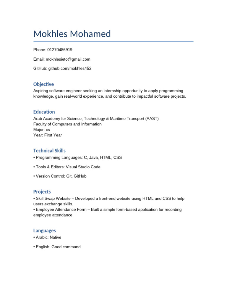 Aspiring Software Engineer Profile | PDF