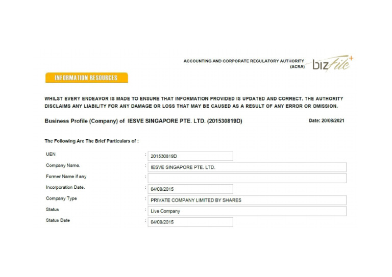 Certificate of Incorporation Ies Singapore | PDF