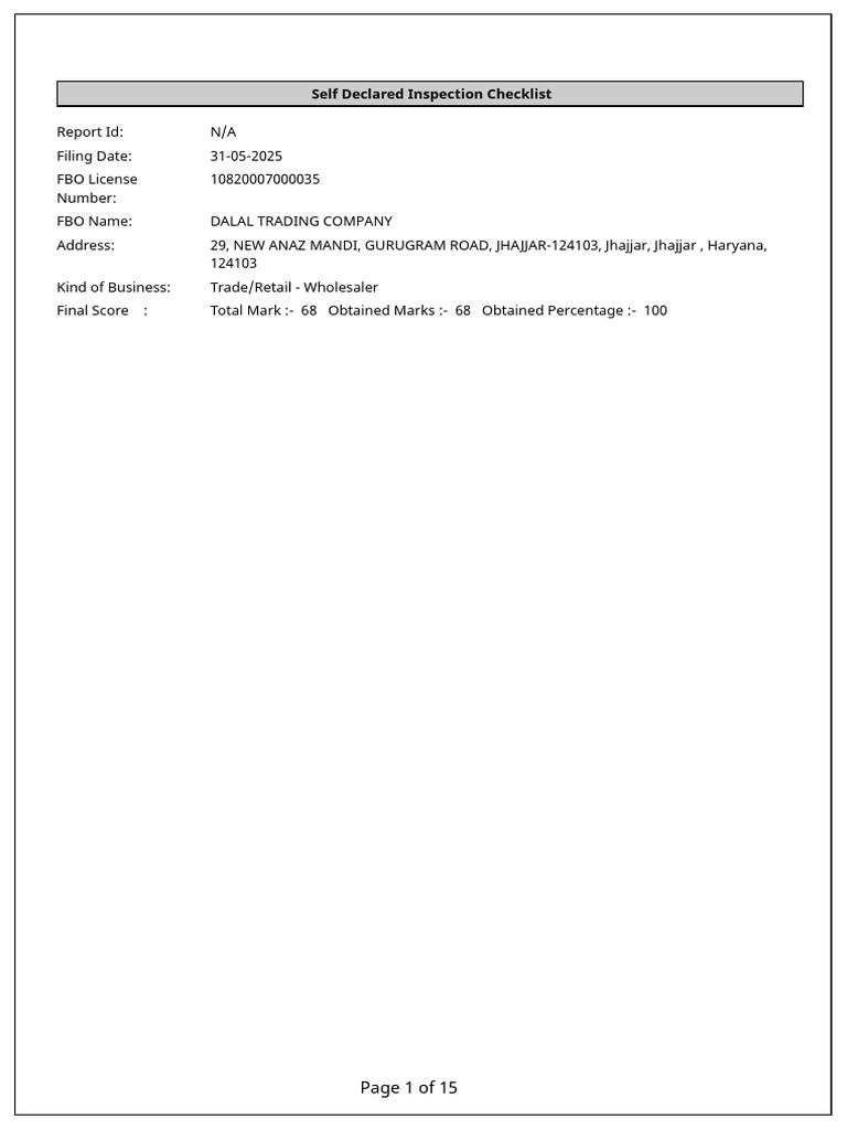 FSSAI Self Inspection Checklist | PDF | Warehouse | Pest Control