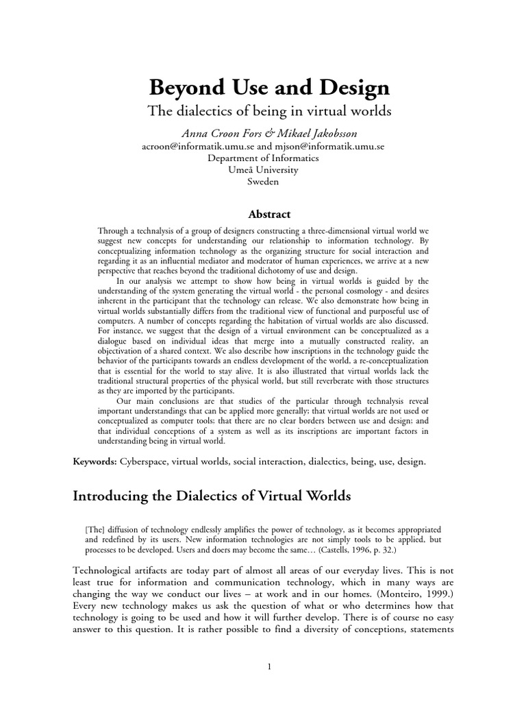 Dialectics of Being in Virtual Worlds | PDF | Virtual World | Design