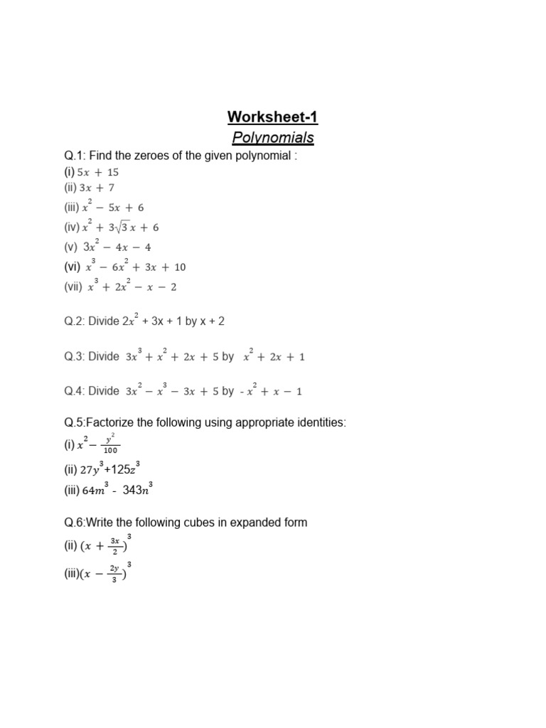 Worksheet 1 (Polynomials) | PDF