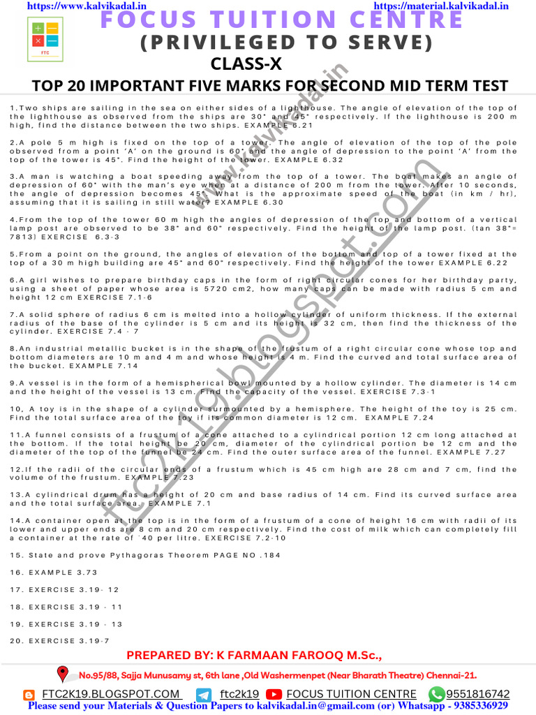 10th Maths Top 5 Marks For 2nd Mid-Term | PDF | Sphere | Euclidean Geometry