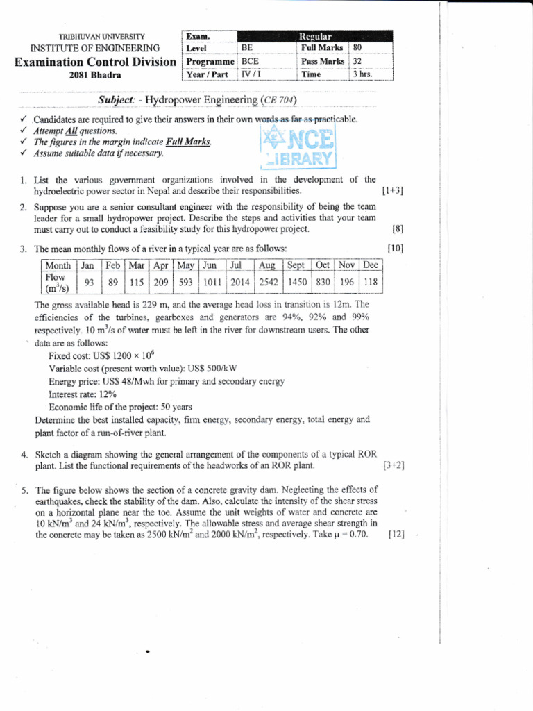 Hydropower Engineering Exam Guide | PDF | Electric Power | Power (Physics)