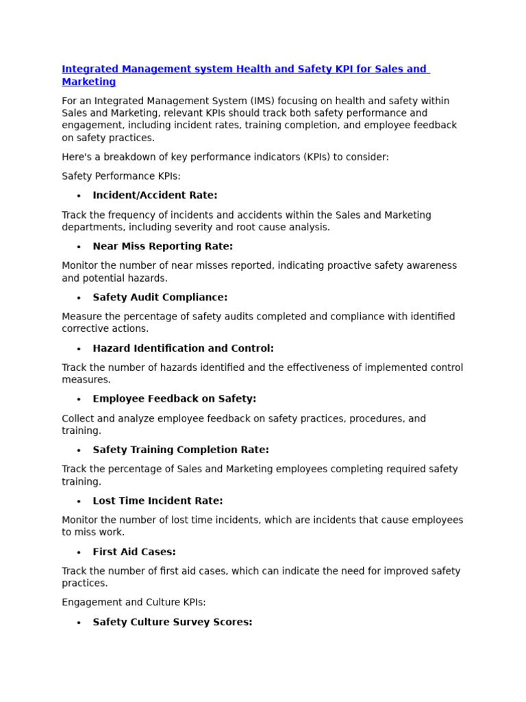 Health and Safety KPIs for IMS | PDF | Occupational Safety And Health ...