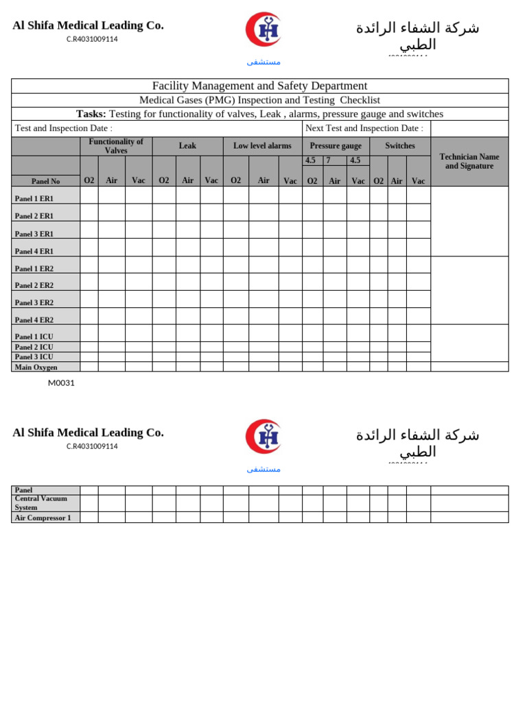 Medical Gases Inspection Checklist | PDF