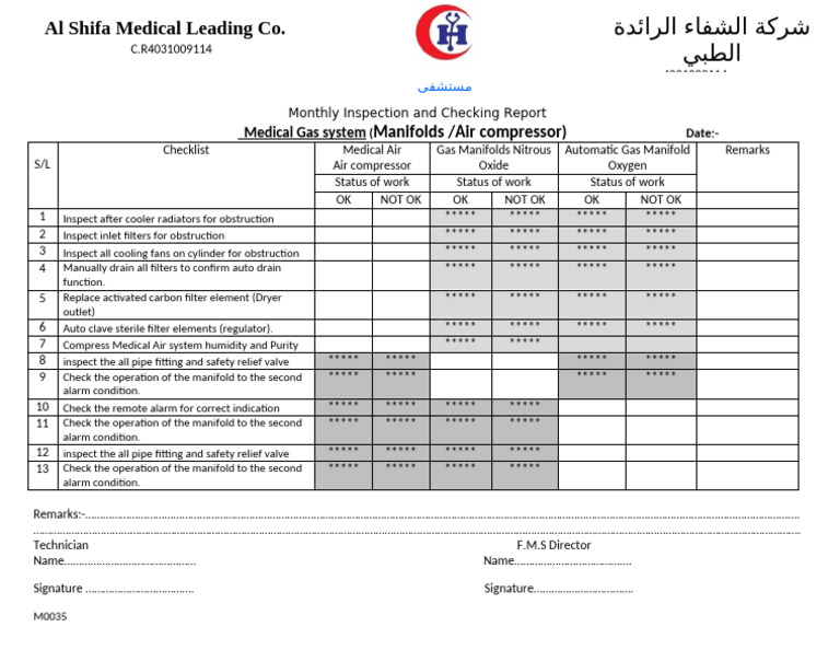 Medical Gas Manifold Inspection Checklist | PDF | Equipment | Gases