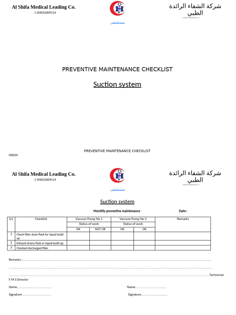 Suction Machine Maintenance Checklist | PDF