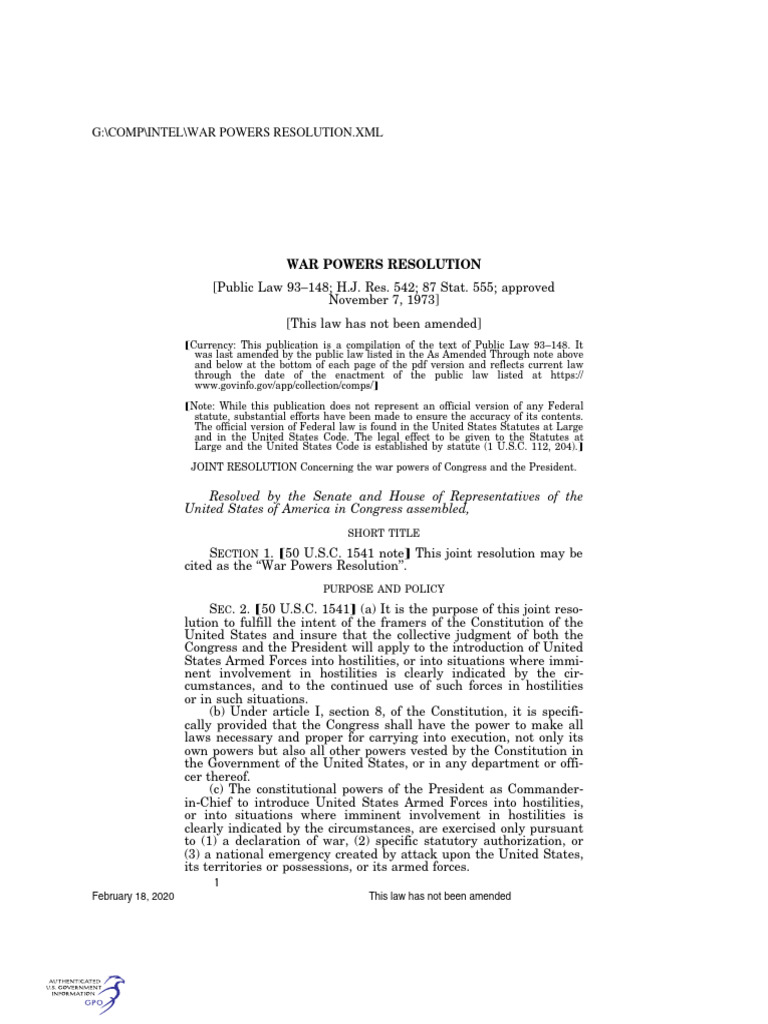 War Powers Resolution (Public Law 93-148) | PDF | United States House ...
