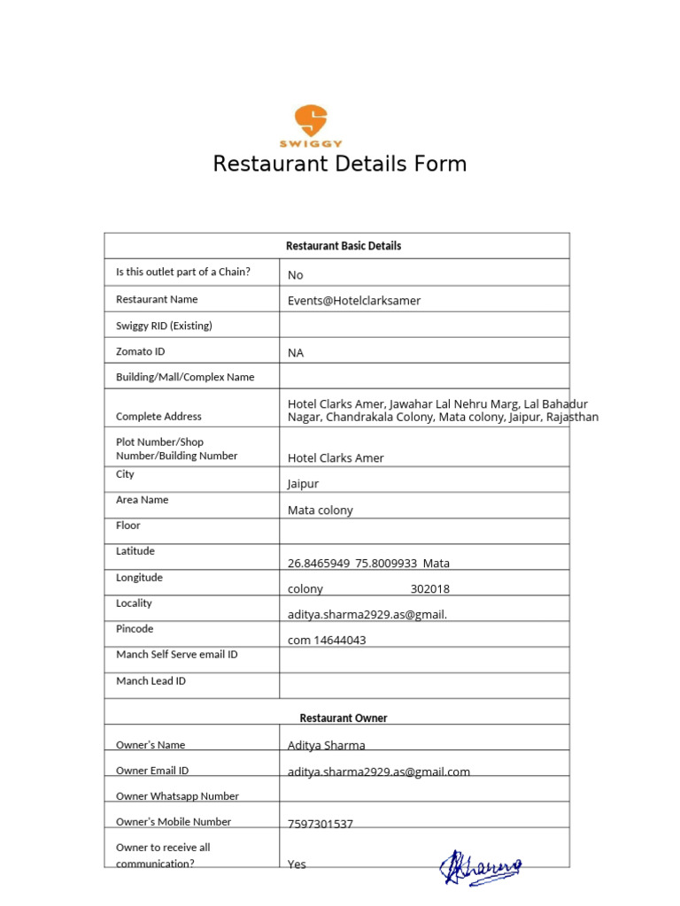 Restaurant Details Submission Form | PDF