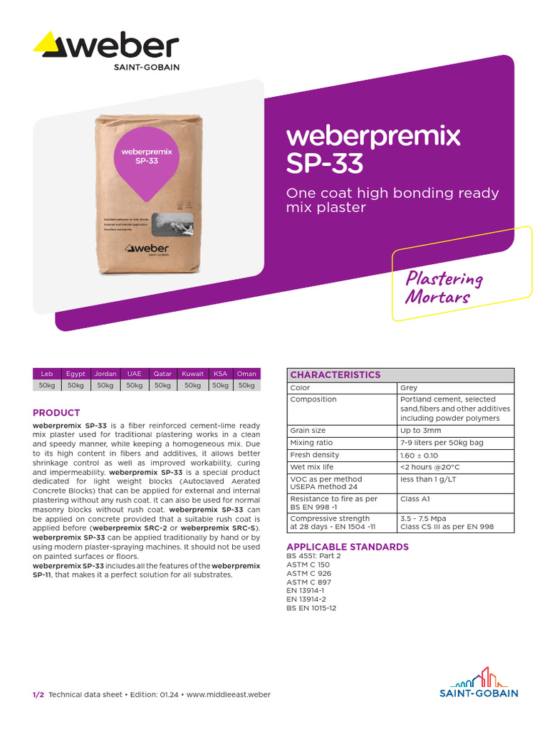 TDS Weberpremix SP-33 - UAE | PDF | Plaster | Mortar (Masonry)