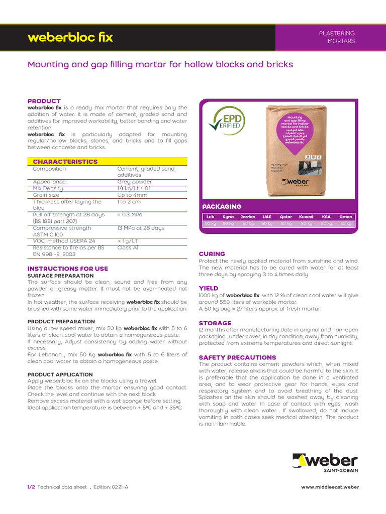 Weberbloc Fix Mortar Specifications | PDF | Mortar (Masonry) | Brick