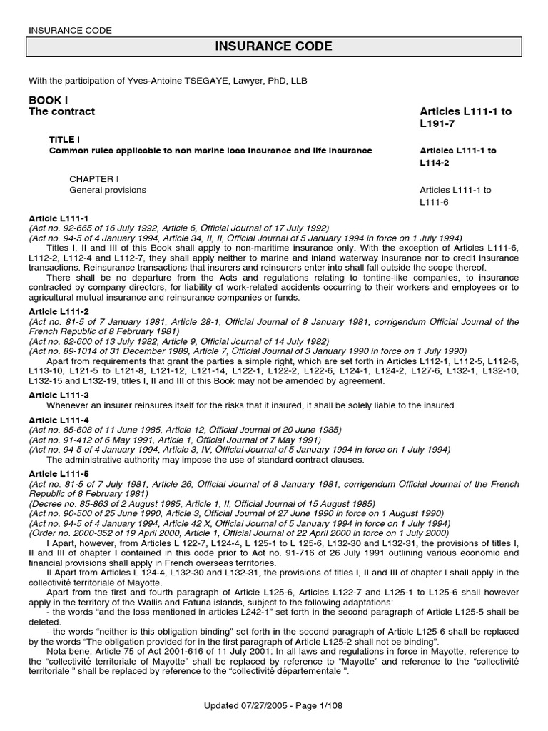 French Insurance Code 2004 | PDF | Insurance | Life Insurance