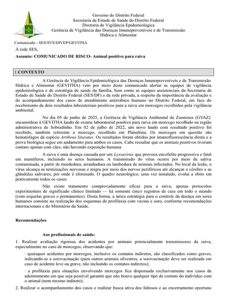 SEI - 175225211 COMUNICADO DE RISCO - Animal Positivo para Raiva | PDF ...