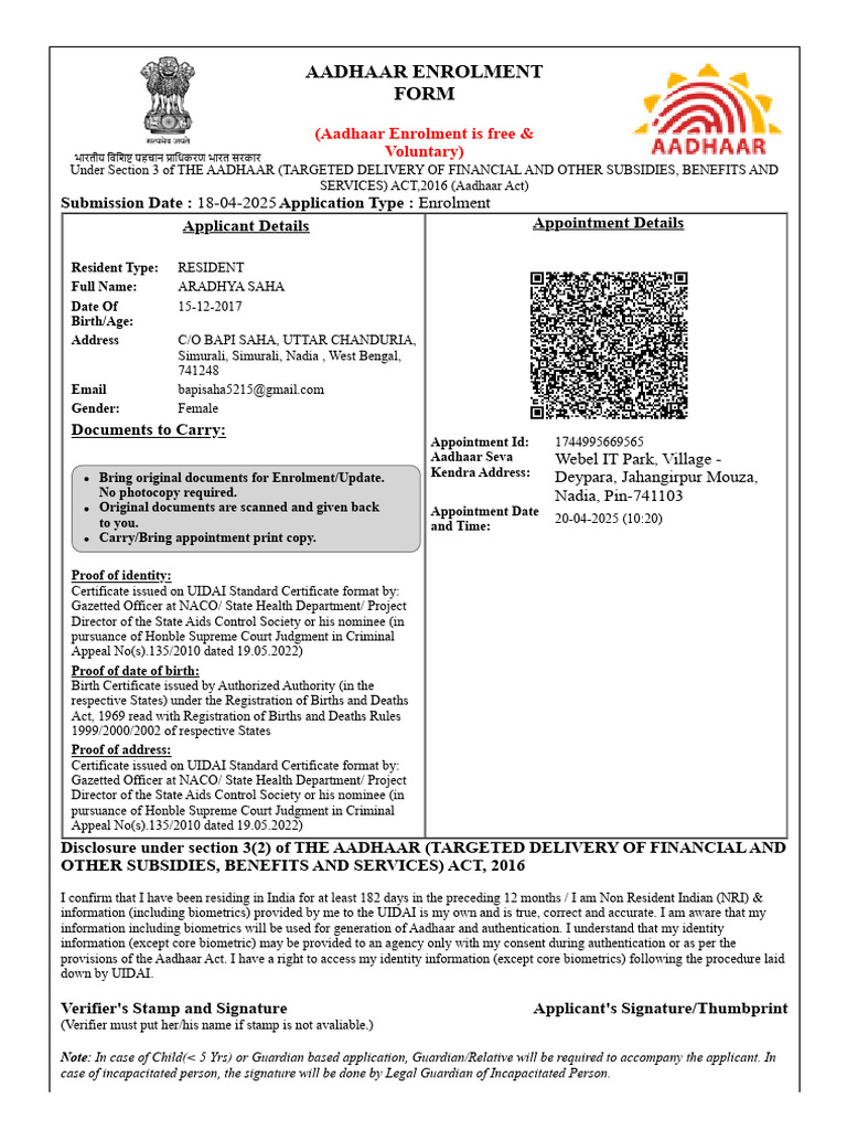 Aradhya Saha Uidai Booking 20-04-2025 | PDF | Authentication | Government