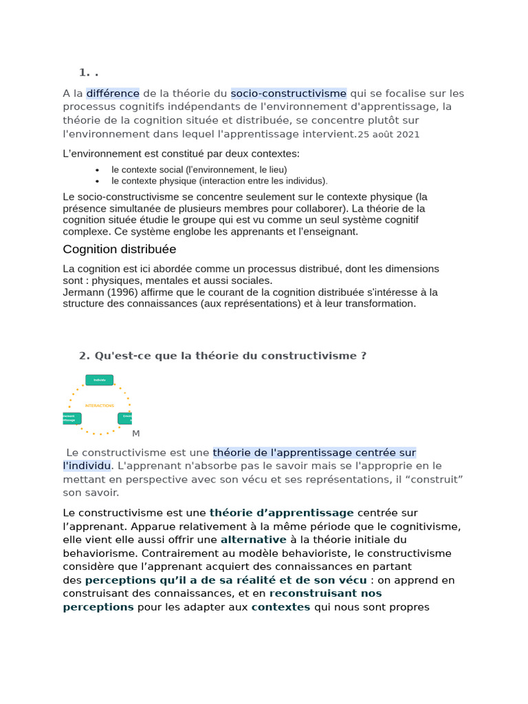 Théories de l'apprentissage : Constructivisme et Cognition | PDF ...