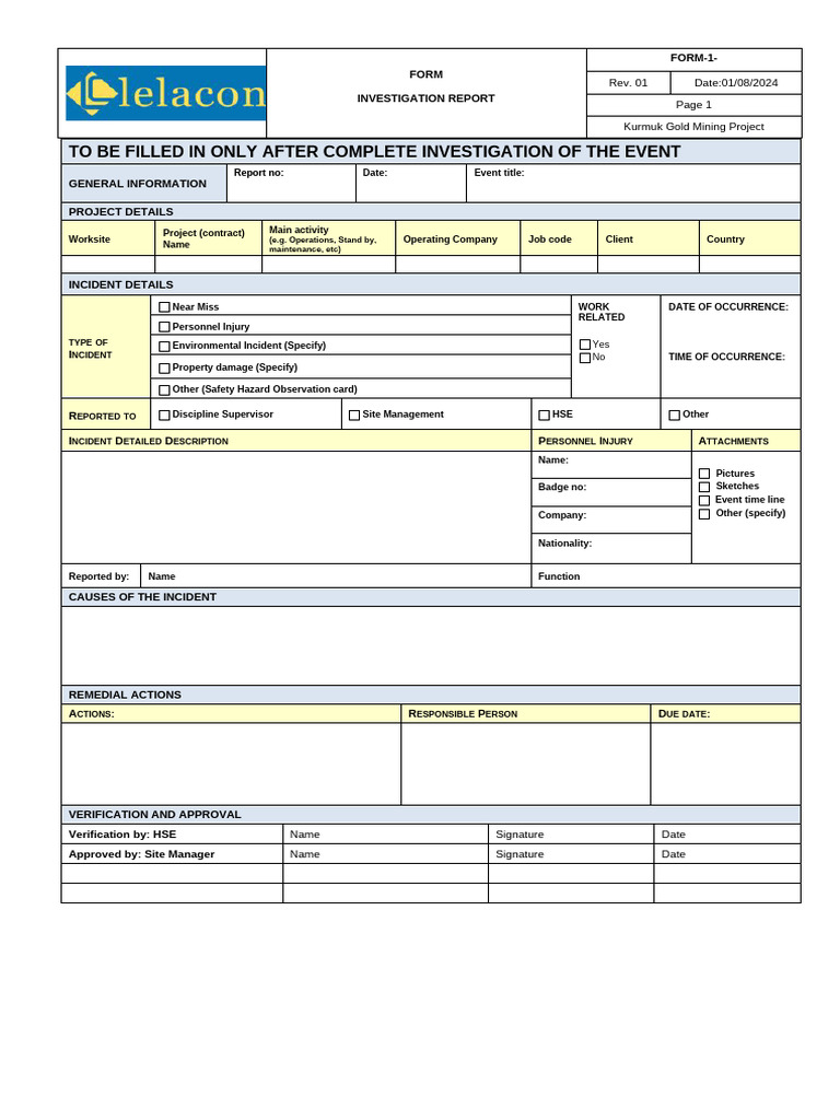 FORM-Incident Report - Internal - Lelacon Engineering | PDF | Safety