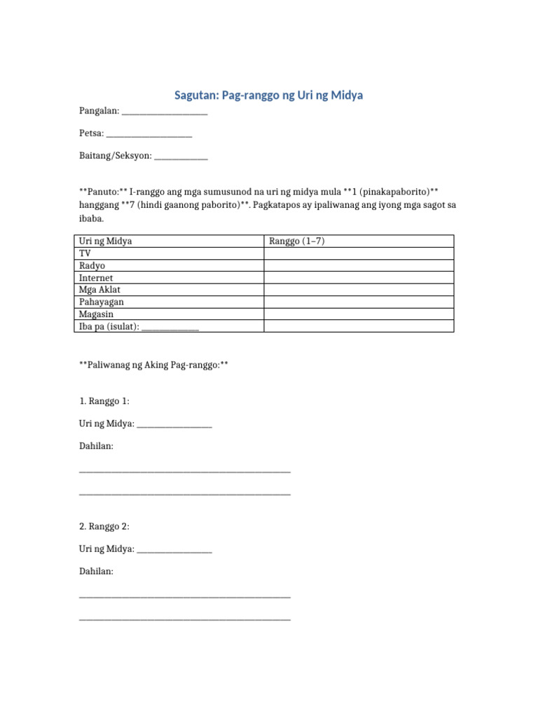 Sagutan Pag Ranggo NG Uri NG Midya | PDF