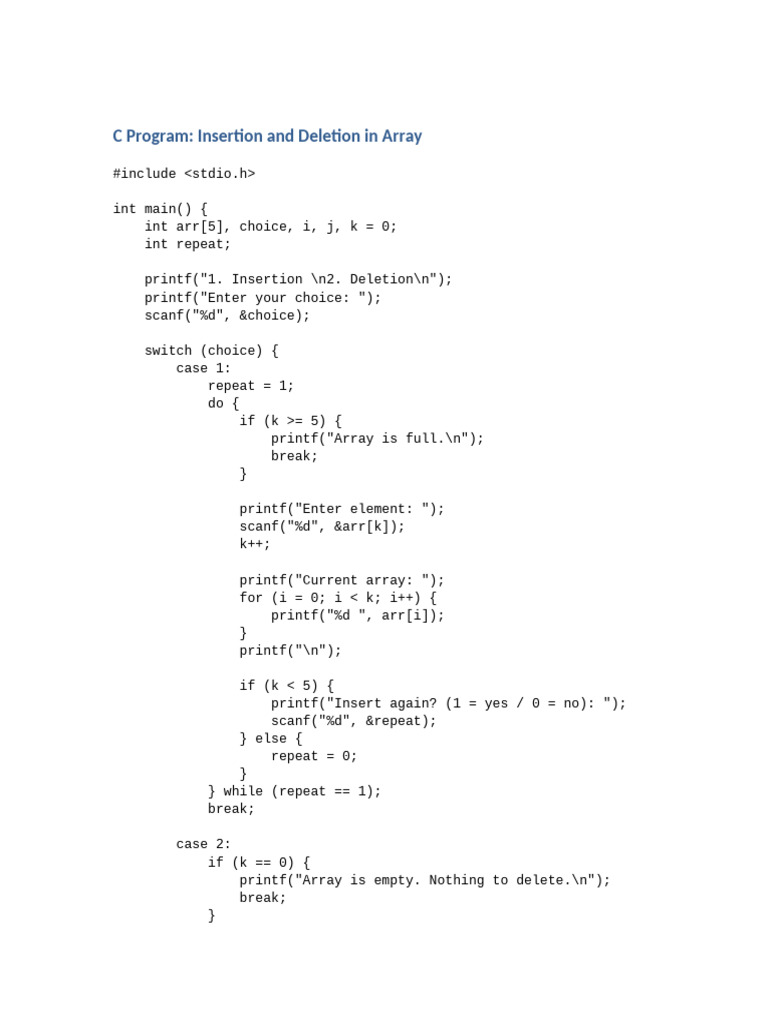 Array Insertion and Deletion in C | PDF