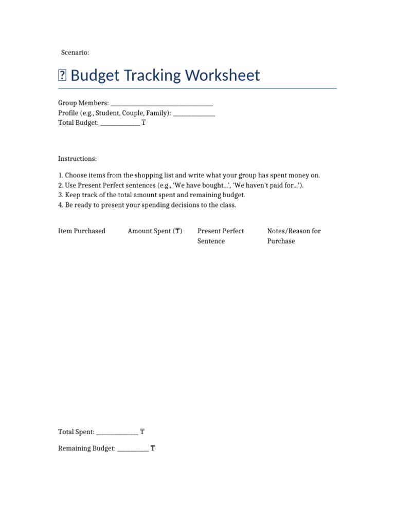 Budget Tracking Worksheet With Scenario | PDF