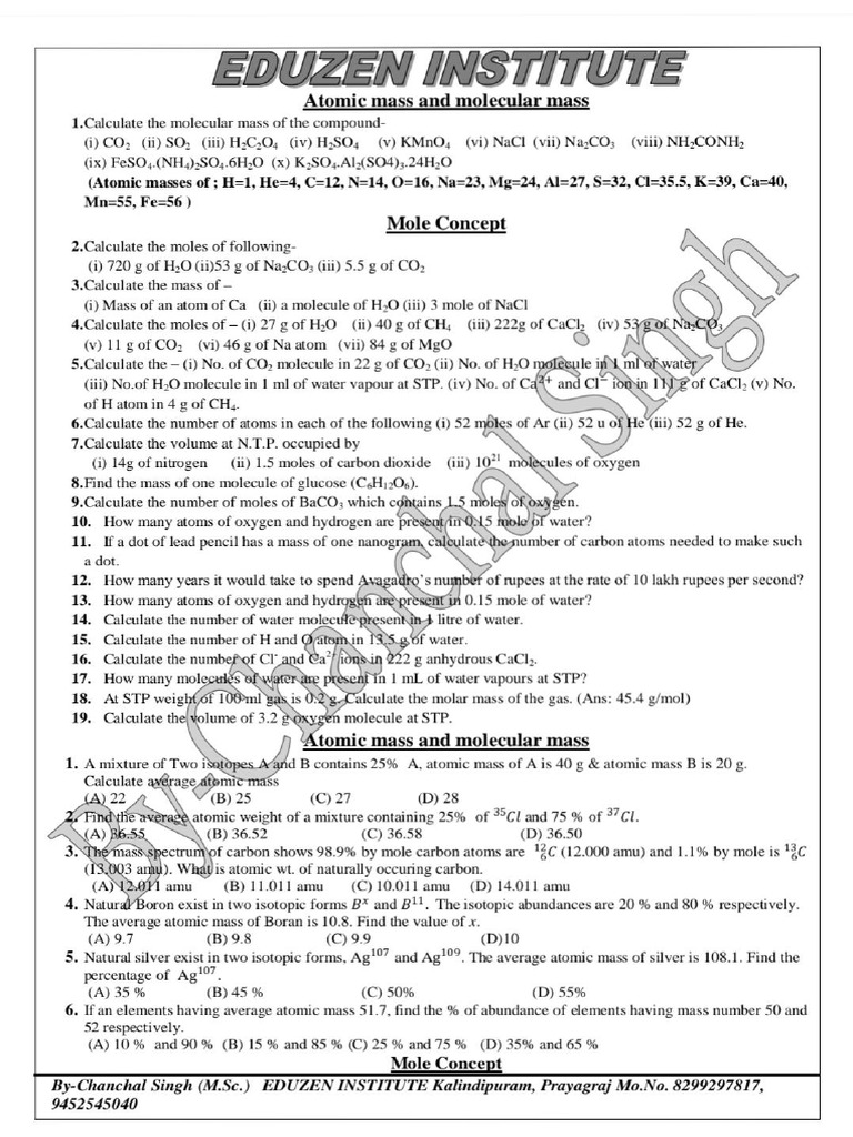 Unit-1 Mole Concept | PDF | Mole (Unit) | Chemistry