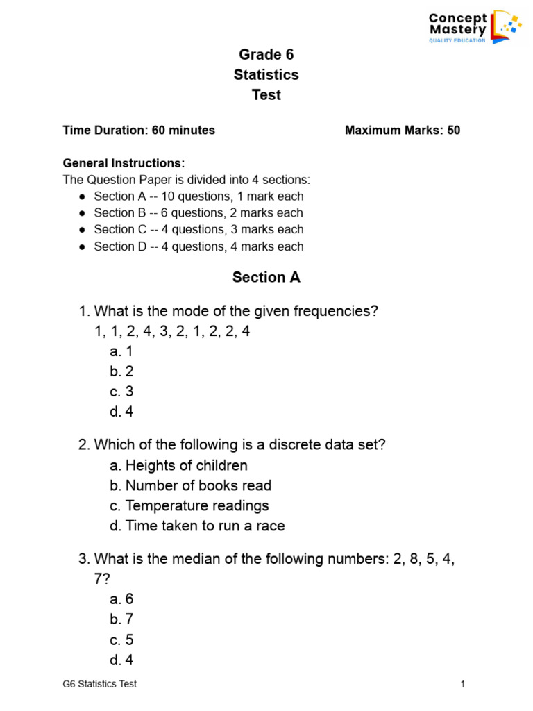 G6 Statistics Test | PDF | Mode (Statistics) | Mean