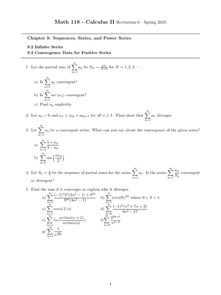 Math 118 2024 2 Recitation Problems Week 06 | PDF | Series (Mathematics ...