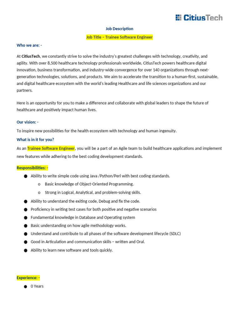 CitiusTech Freshers JD | PDF | Software Development Process | Computer ...