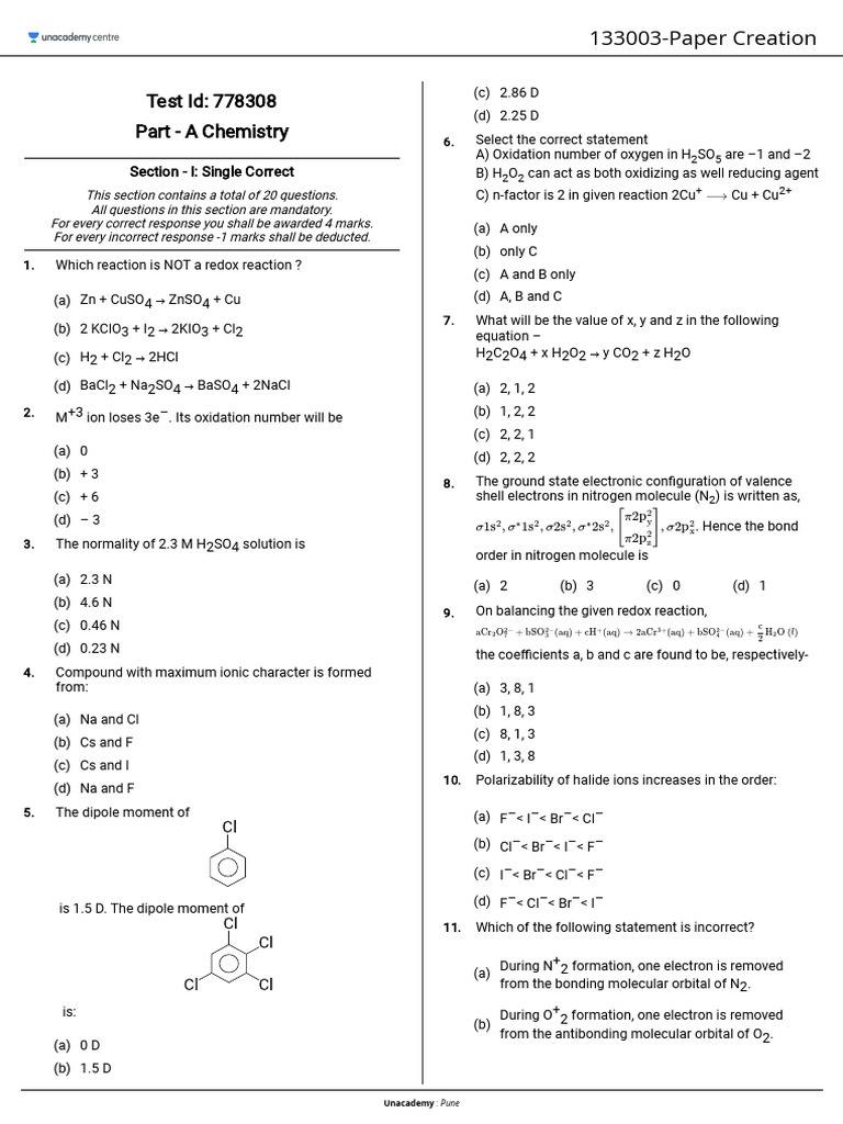 Chemistry and Mathematics Test Questions | PDF | Redox | Chemical Reactions