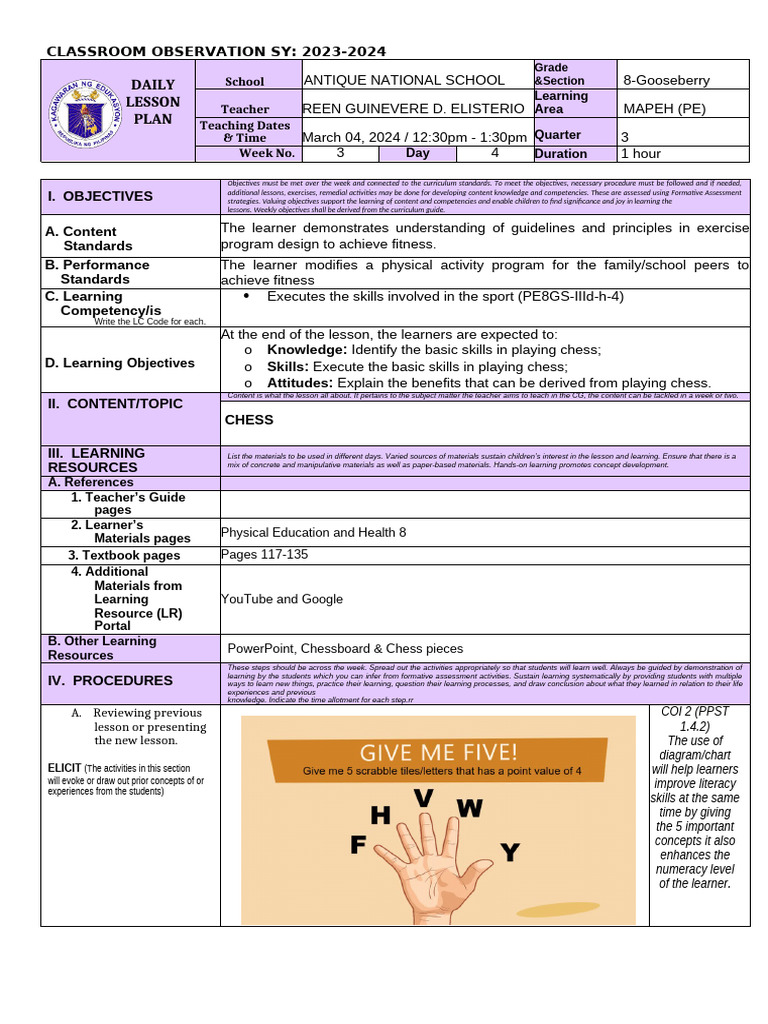 Classroom Observation: Chess Lesson Plan | PDF | Learning | Chess