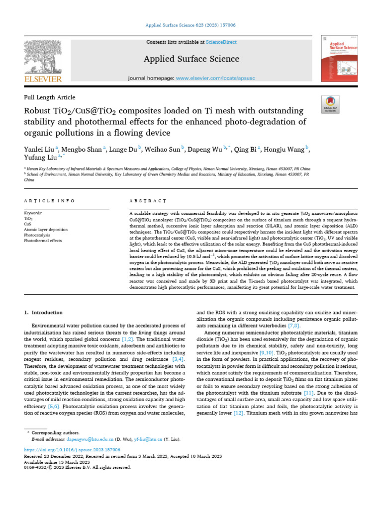 Robust TiO2 - CuS@TiO2 Composites Loaded On Ti M | PDF | Titanium ...