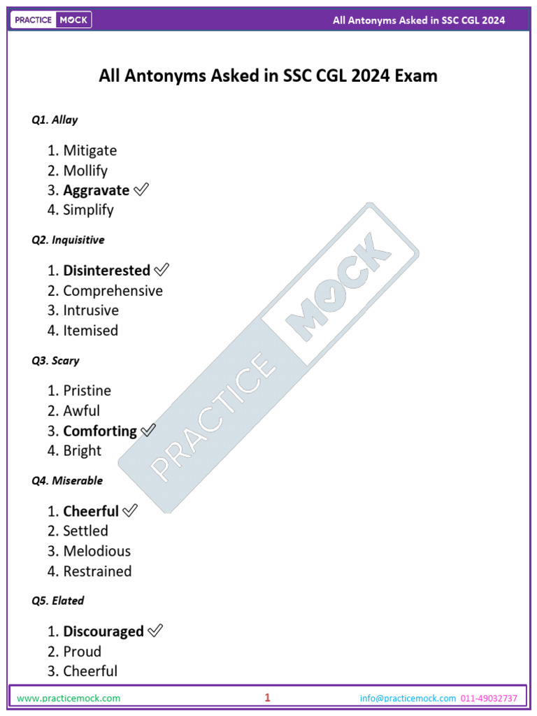 SSC CGL 2024 Antonyms List | PDF