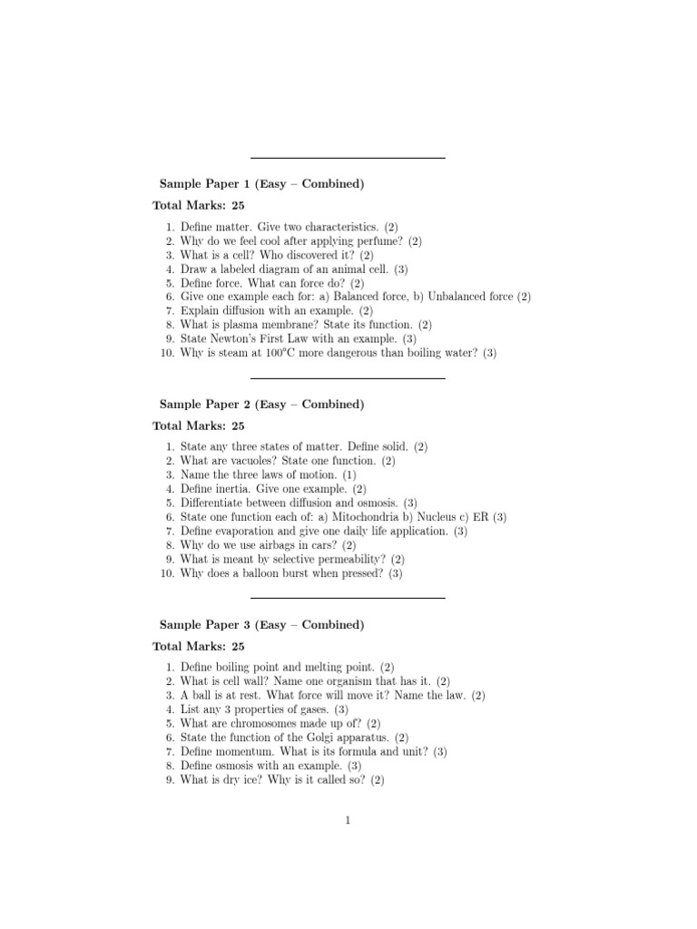 Easy Science Sample Papers for Students | PDF | Cell (Biology) | Force