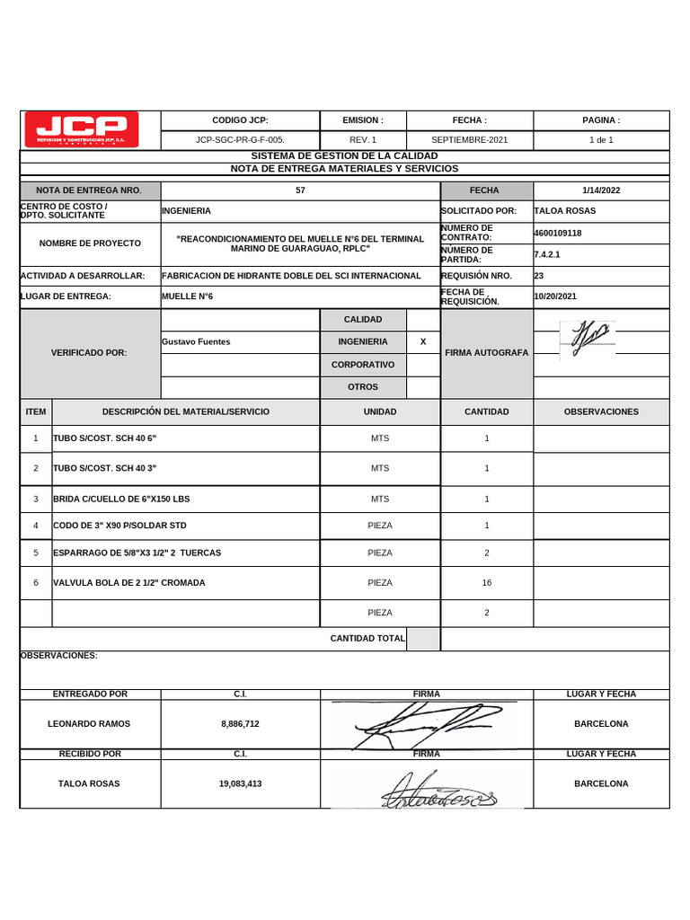 Nota de Entrega de Materiales y Servicios | PDF | Business