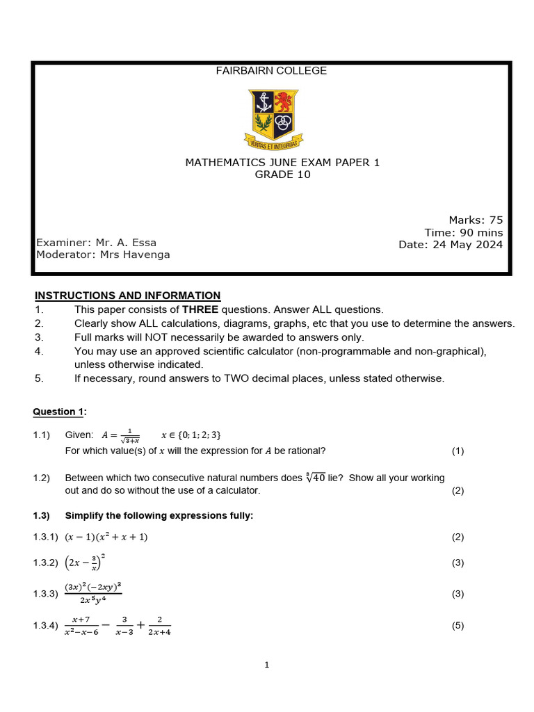 Grade 10 Mathematics Exam Paper | PDF | Mathematics