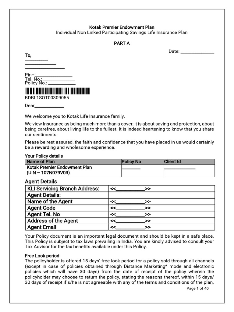 Kotak Premier Endowment Plan Policy Document1 (1) | PDF | Insurance ...