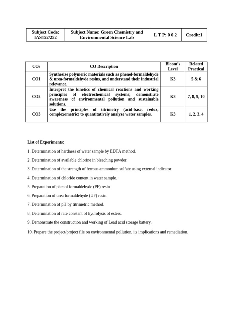 Green Chemistry and Environmental Science Lab | PDF