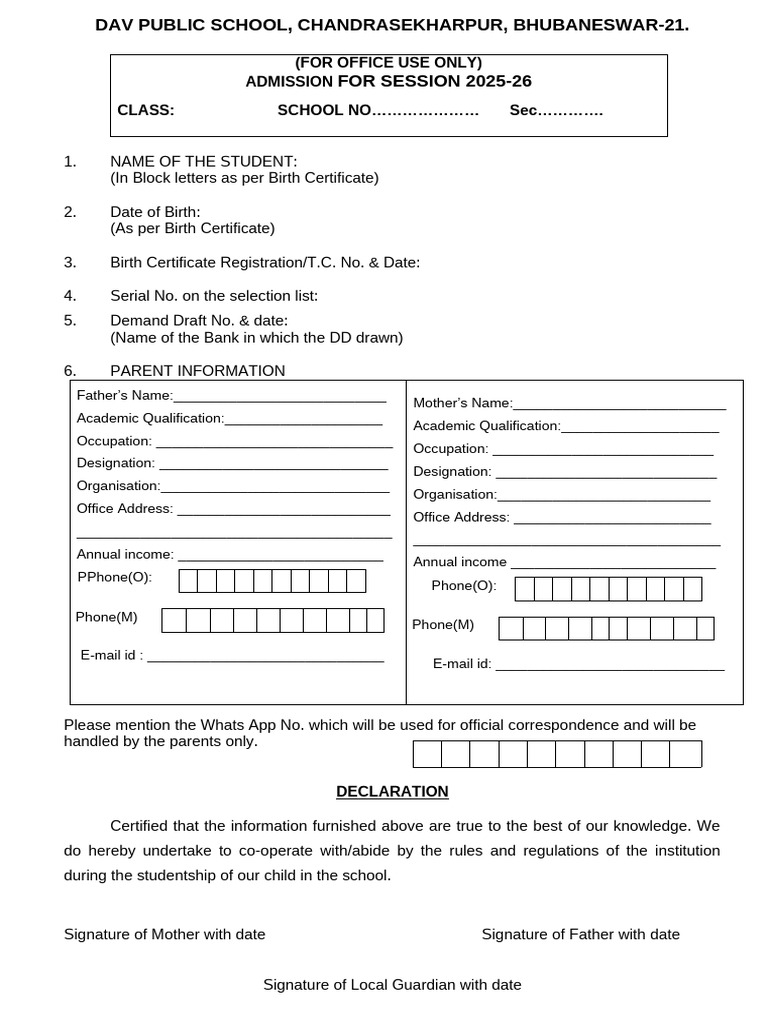 DAV Public School Admission Form 2025-26 | PDF