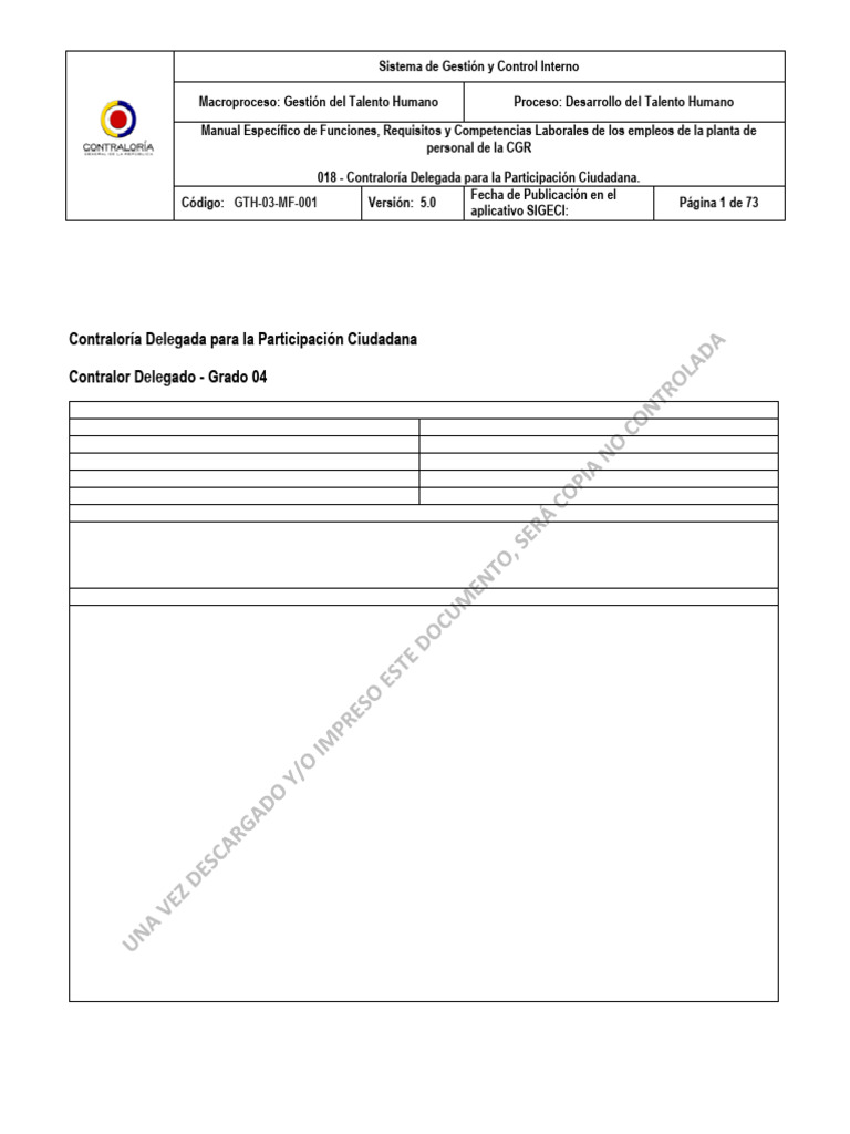 Manual de Funciones Contralor Delegado CGR | PDF | Planificación ...