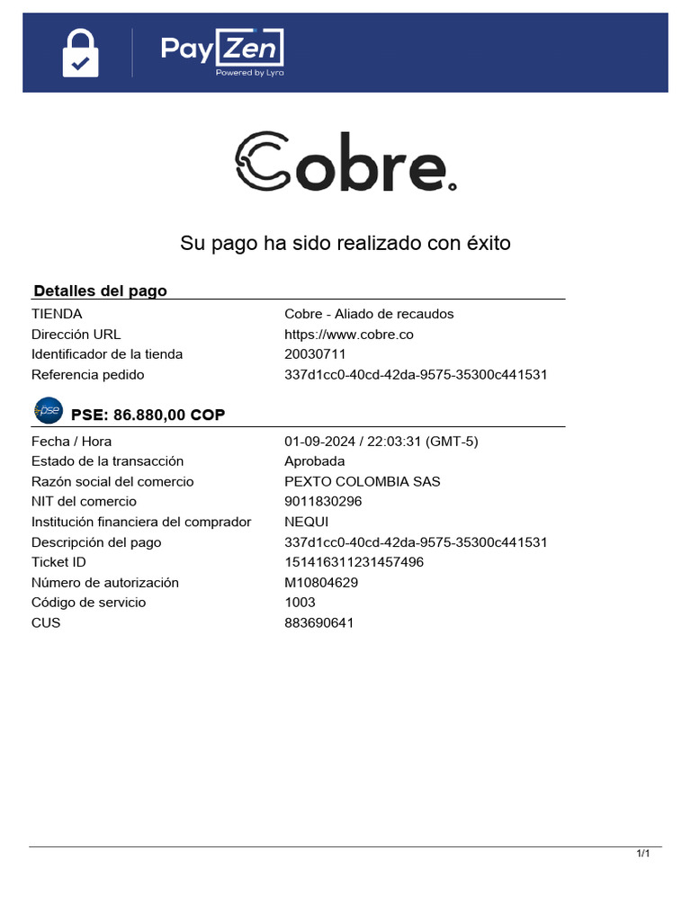 Pago exitoso en PEXTO COLOMBIA SAS | PDF