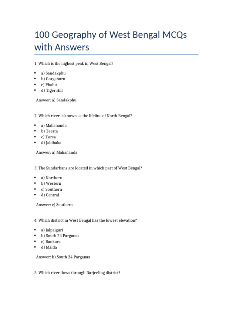 West Bengal Geography MCQs and Answers | PDF | Earth Sciences ...
