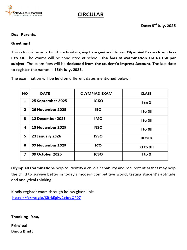 Olympiad Exam Registration Circular 2025 | PDF