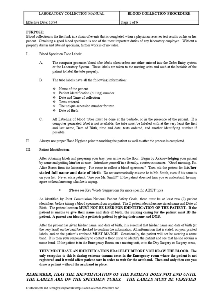Blood Collection Procedure Guide | PDF | Blood | Medical Specialties