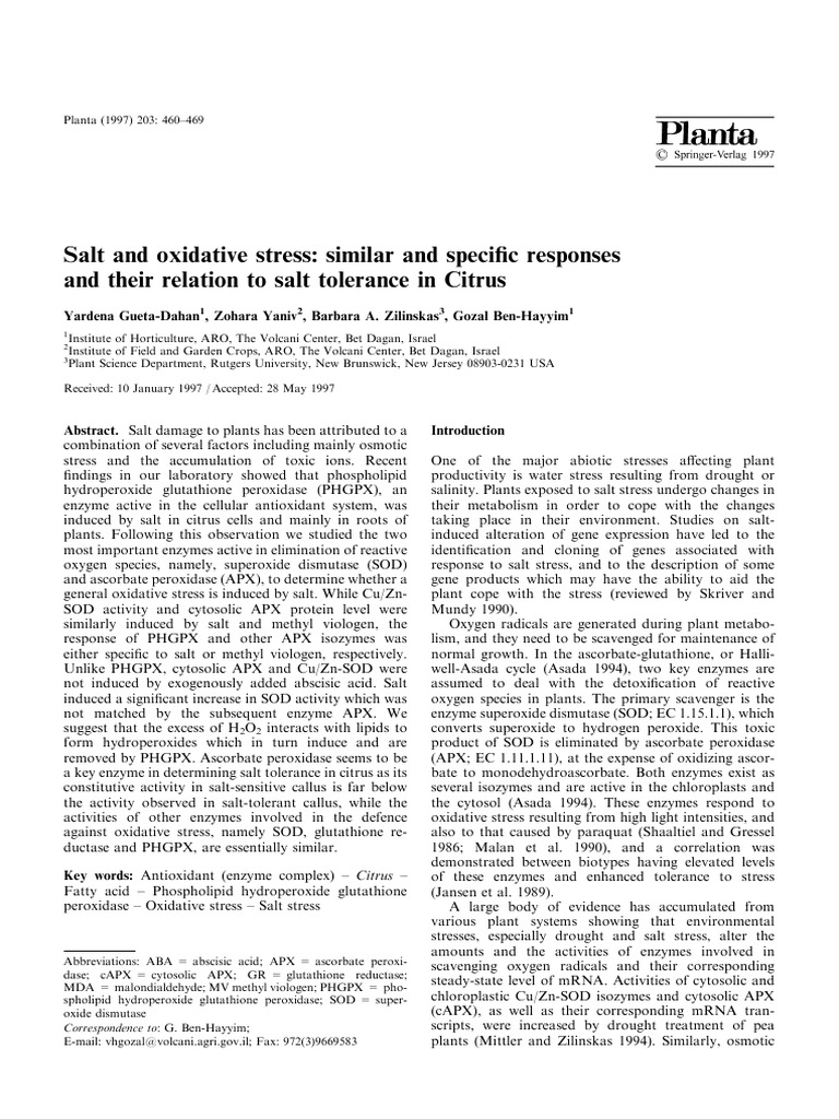Salt Stress and Antioxidant Response in Citrus | PDF | Superoxide ...